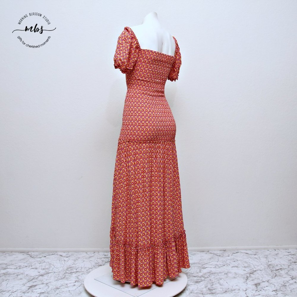 L*SPACE Simone Floral Square‎ Neck Short Sleeve Smocked High Low Maxi Dress - Picture 8 of 16